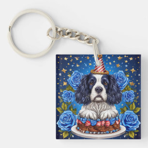 Porte-clés Spaniel Chien Célébrant un Anniversaire avec un Ch