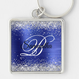 Porte-clés Sparkly Silver Glitter Sapphire Blue Foil Monogram