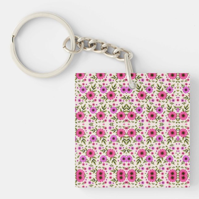 Porte-clés Square keychain with pink floral pattern (Devant)