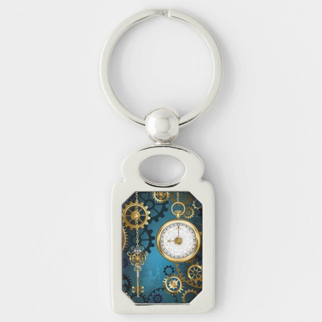 Porte-clés Steampunk Arrière - plan turquoise avec Gears (Devant)