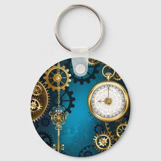 Porte-clés Steampunk Arrière - plan turquoise avec Gears (Recto)