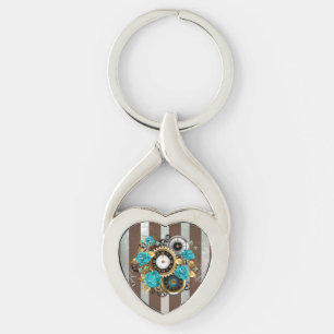 Porte-clés Steampunk Clock and Turquoise Roses on Striped