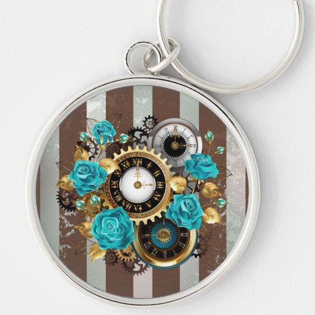 Porte-clés Steampunk Clock and Turquoise Roses on Striped (Devant)