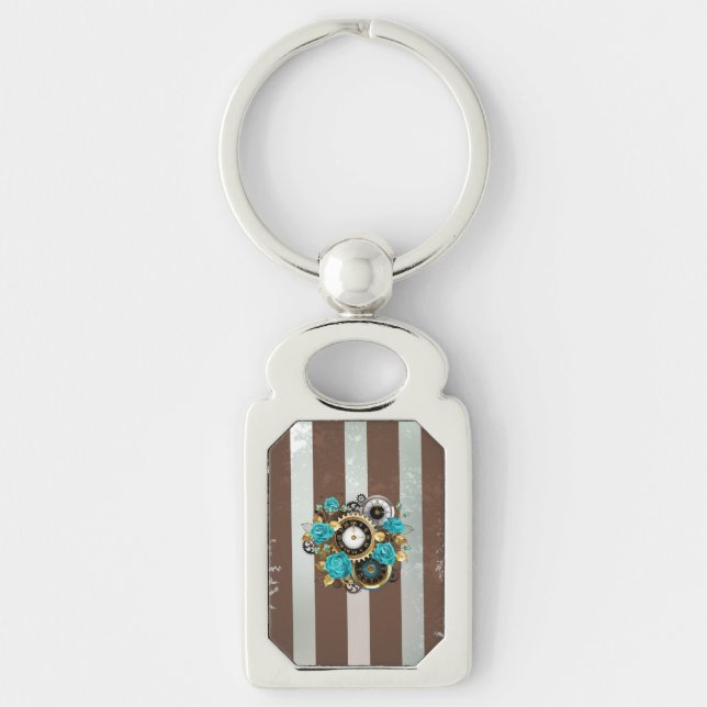 Porte-clés Steampunk Clock and Turquoise Roses on Striped (Devant)
