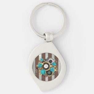Porte-clés Steampunk Clock and Turquoise Roses on Striped