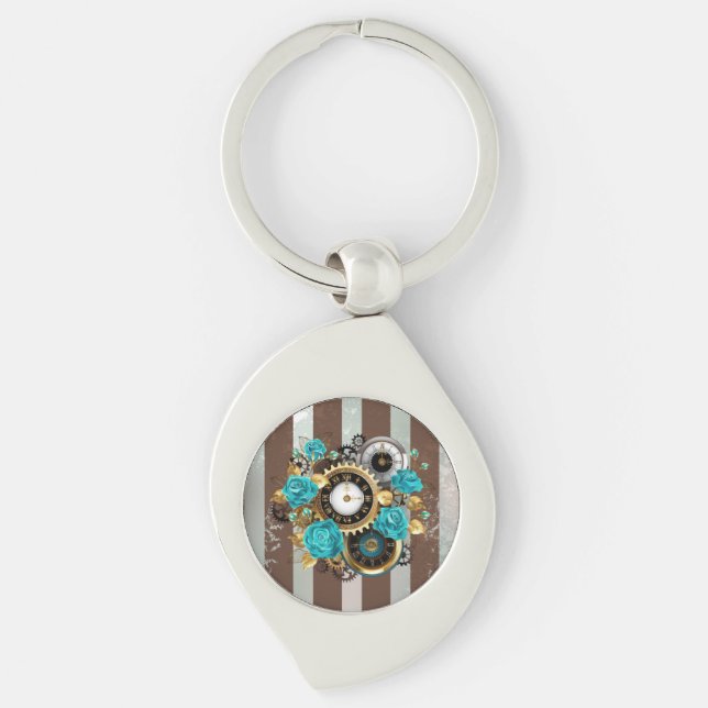 Porte-clés Steampunk Clock and Turquoise Roses on Striped (Devant)