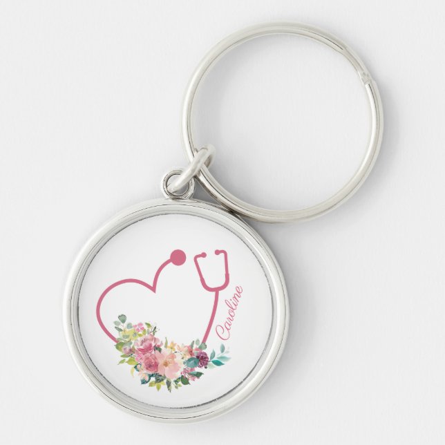 Porte-clés Stethoscope rose Floral Coeur Infirmière Médicale  (Devant)