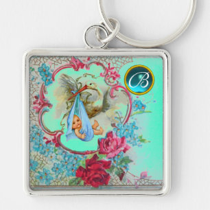PORTE-CLÉS STORK BABY BOY SHOWER GEM MONOGRAM