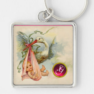 PORTE-CLÉS STORK BABY GIRL SHOWER GEM MONOGRAM