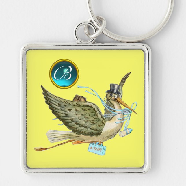 Porte-clés STORK GARÇON BABY SHOWER BLUE GEM MONOGRAM Jaune (Devant)