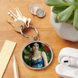 Porte-clés Style Art Déco Elégant Femme avec Grandes Fleurs A