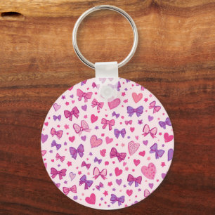 Porte-clés Style Coquette Rose Violet Nœud & Motif de Cœur