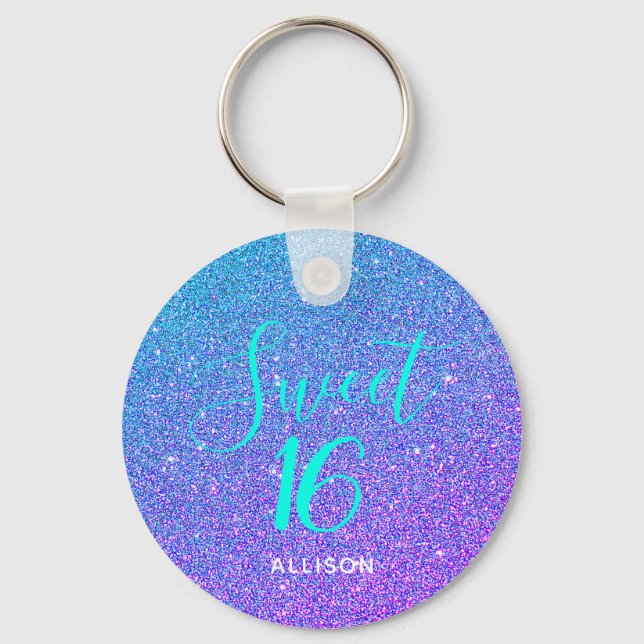 Porte-clés Sweet 16 Purple Turquoise Parties scintillant Chic (Recto)