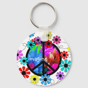 Porte-clés Symbole de la paix et fleurs rétro
