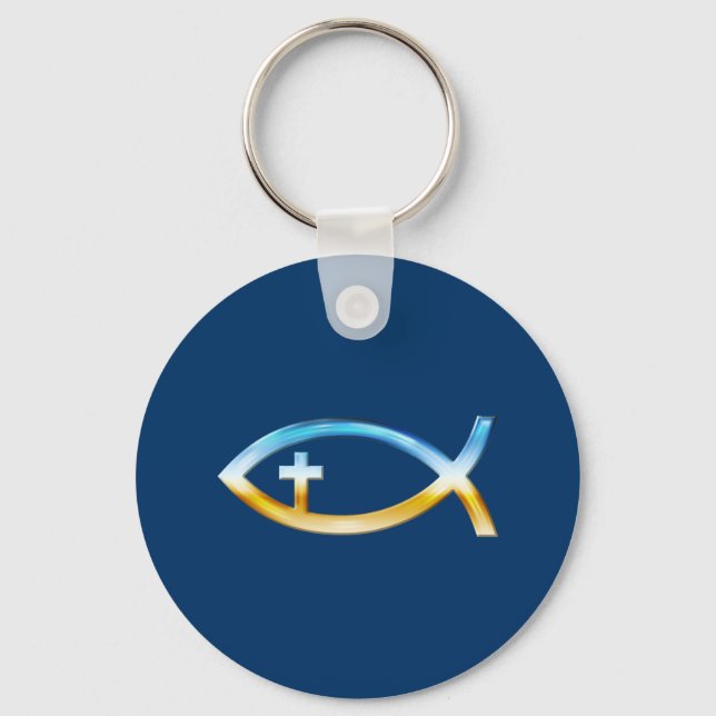 Porte-clés Symbole de poisson chrétien avec Crucifix - Ciel & (Recto)