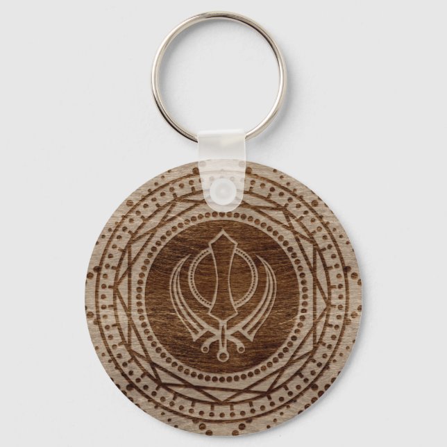 Porte-clés Symbole Khanda sur la texture en bois (Recto)