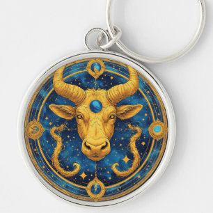 Porte-clés Symbole Taureau Doré Sur Cercle Bleu