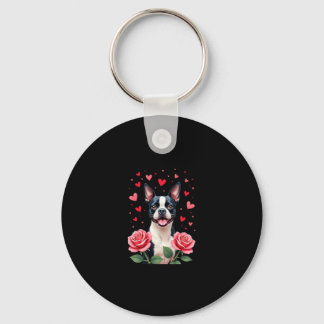 Porte-clés T-shirt Boston Terrier avec cœurs de roses rouges