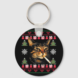 Porte-clés T-shirt de Noël drôle de chat qui fume pour