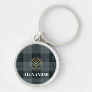 Porte-clés Tartan à carreaux noir élégant avec monogramme en 