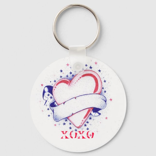 Porte-clés Tatouage cardiaque Xoxo avec bannière ruban (Recto)