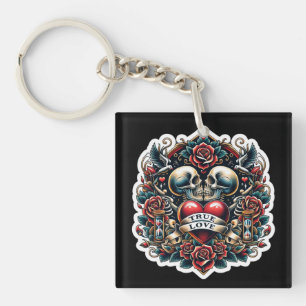Porte-clés Tatouage de cœur squelette du véritable amour