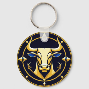 Porte-clés Taureau doré dans un cercle zodiacal cosmique