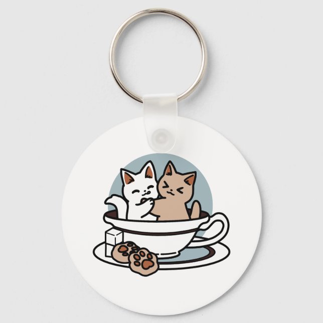 Porte-clés Tea Time Meow Time - Cute Cat and Tea Design (Recto)