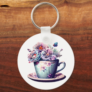 Porte-clés Teacup d'antiquité personnalisée avec fleurs Vinta