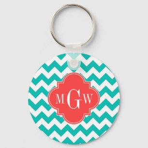 Porte-clés Teal White Chevron Coral Quatrefoil 3 monogram
