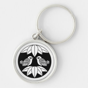 Porte-clés Ten bamboo leaves & facing sparrows in circle