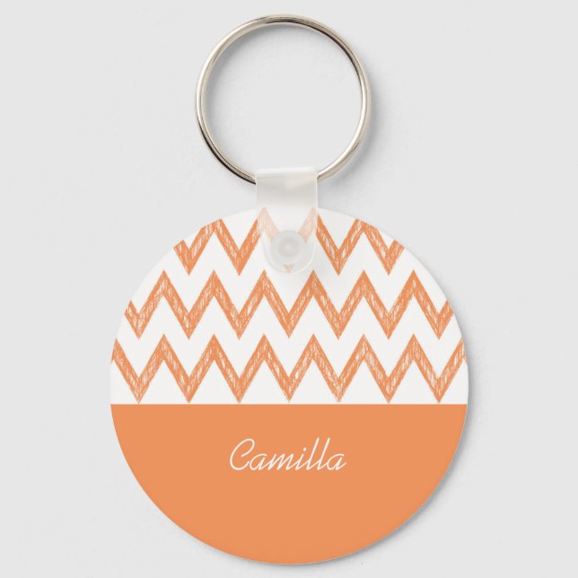 Porte-clés Tendance Crayon Orange Chevron Zigzags Avec Nom (Recto)