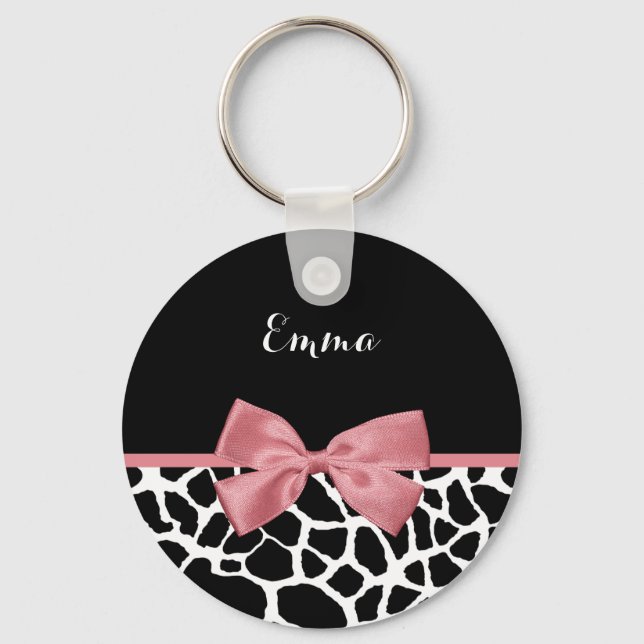 Porte-clés Tendance Giraffe Imprimer Rosy Rose Bow avec nom (Recto)