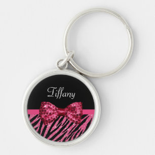 Porte-clés Tendance rose Zebra Print FAUX Glitz Bow avec nom