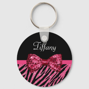 Porte-clés Tendance rose Zebra Print FAUX Glitz Bow avec nom