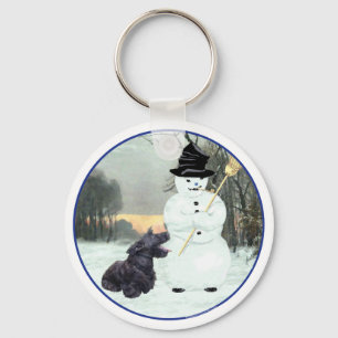 Porte-clés Terrier Écossais Heureux & Bonhomme de Neige