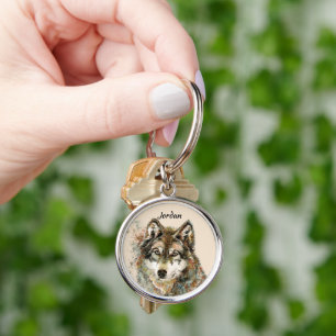Porte-clés Tête de loup aquarelle nom personnalisé
