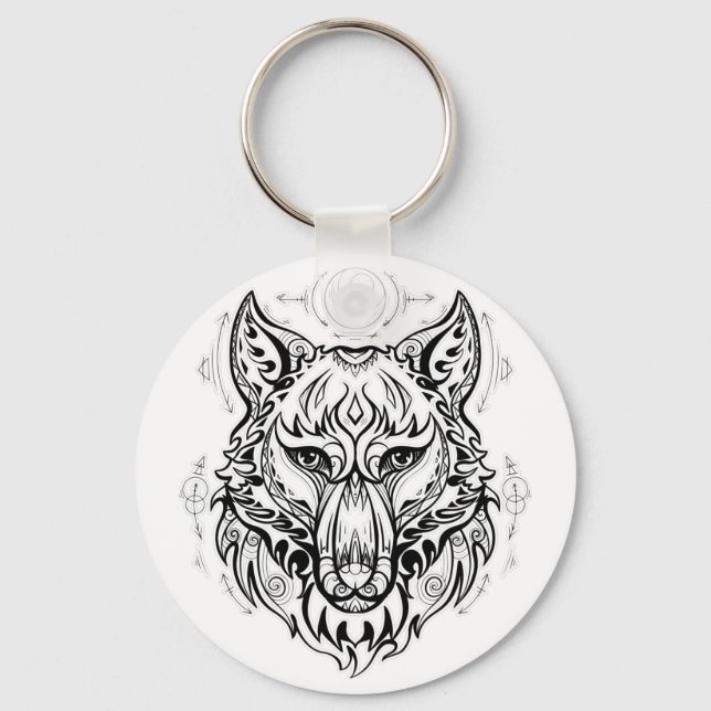 Porte-clés Tête de loup aux décorations ethniques (Recto)