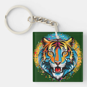 Porte-clés Tête de tigre couleurs arc-en-ciel peinture taches