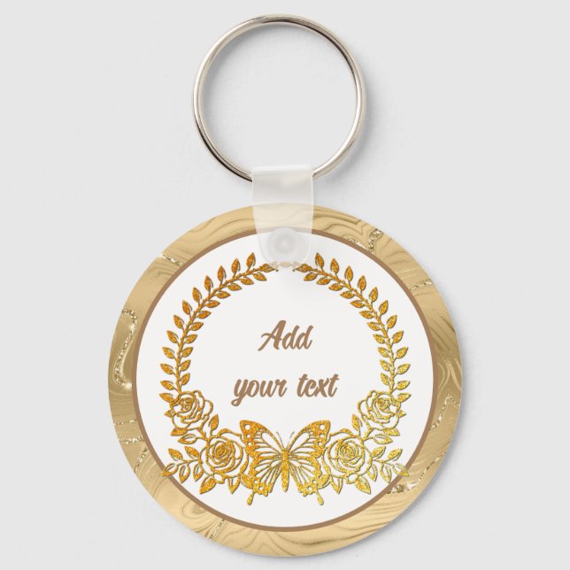 Porte-clés Texte personnalisé, Papillon et Fleur d'or (Recto)
