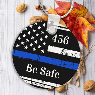 Porte-clés Thin Blue Line Personalized Badge Number Police