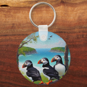Porte-clés Three Puffin Birds Oil Paint, Keyring