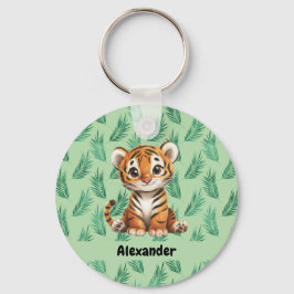 Porte-clés Tigre de dessin mignon sur Feuilles tropicaux