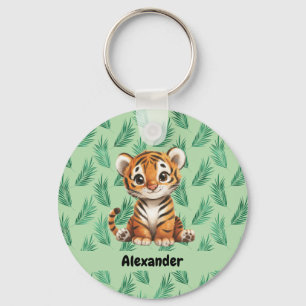 Porte-clés Tigre de dessin mignon sur Feuilles tropicaux