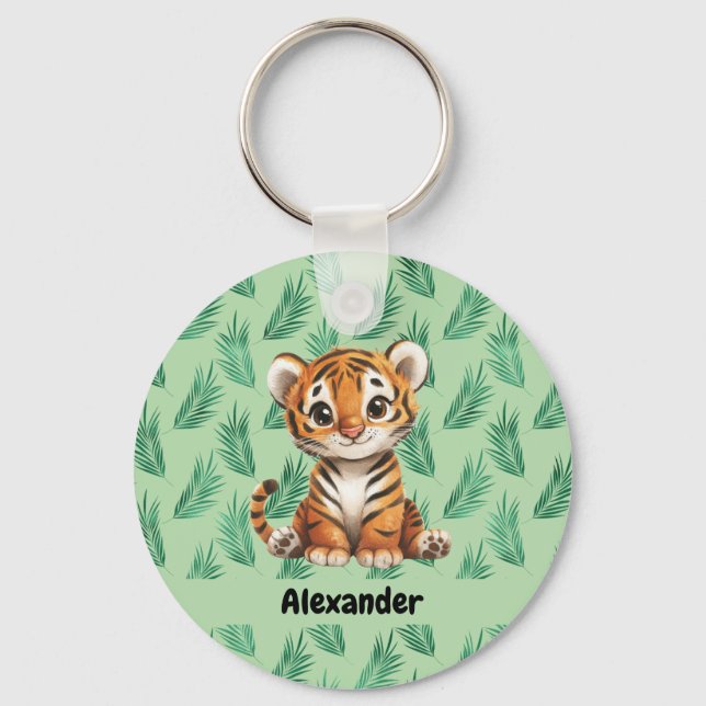 Porte-clés Tigre de dessin mignon sur Feuilles tropicaux (Recto)