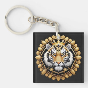 Porte-clés Tigre doré avec couronne encadré par de l'or compl