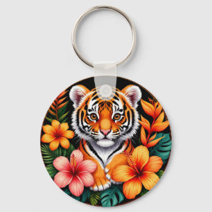 Porte-clés Tigre entouré de fleurs tropicales