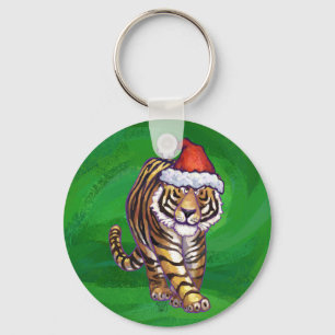 Porte-clés Tigre mignon à Santa Chapeau en vert
