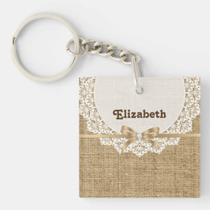 Porte-clés Toile blanche avec dentelle et lin naturel burlap