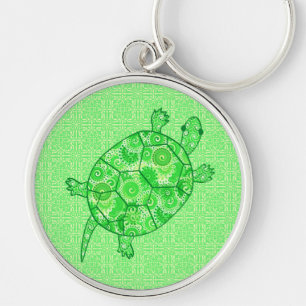 Porte-clés Tortue tourbée fractale - chaux et vert émeraude